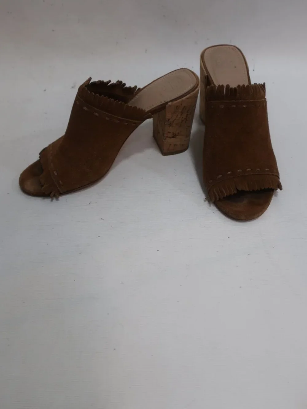 Womens Tory Burch Huntington Brown Fringed Suede Cork Block Heeled Sandals 7.5